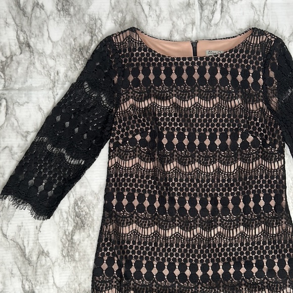 Eliza J | women’s size 6 shift dress black lace overlay with nude lining eyelash - Picture 2 of 12